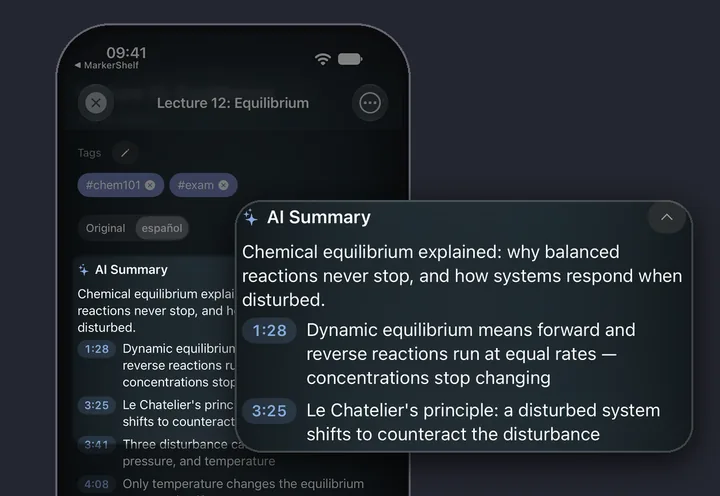 MarkerShelf AI summary: a one-line TL;DR and key points, each with a timestamp