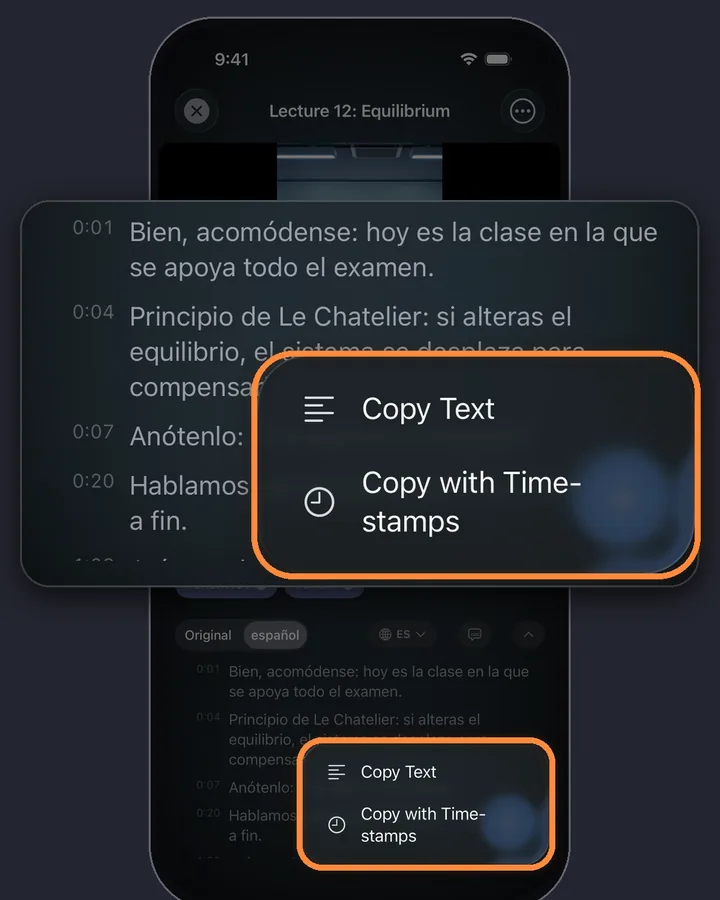 The Copy Transcript menu in MarkerShelf with Copy Text and Copy with Timestamps