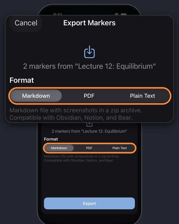 The Export Markers sheet for a lecture with Markdown, PDF and Plain Text formats