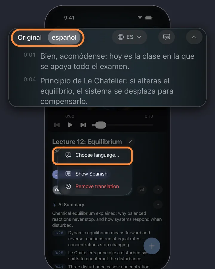 Das Globus-Menü über einem MarkerShelf-Transkript mit „Sprache wählen…“ und das Transkript auf Spanisch mit dem Schalter „Original / español“