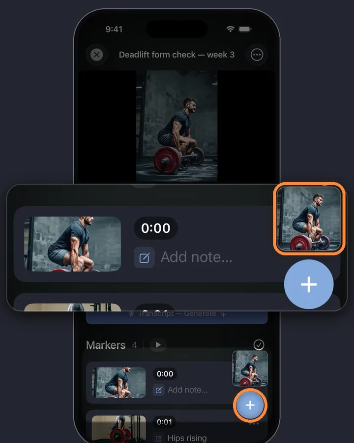 Un nuovo marcatore salvato al secondo attuale dopo aver toccato +, con screenshot e una piccola anteprima sopra il pulsante +