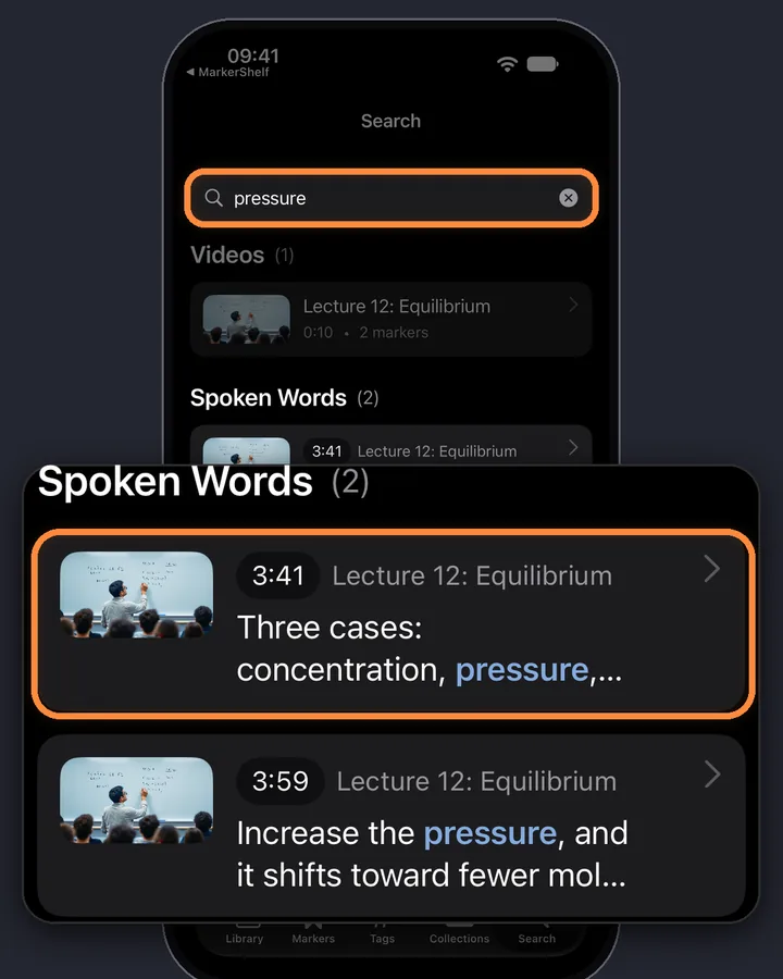Spoken-word search results for pressure in two moments of a lecture, each with its time