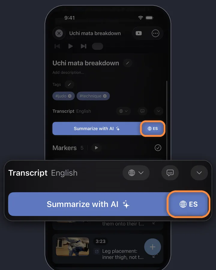 Der Button „Mit KI zusammenfassen“ in MarkerShelf mit eigenem Sprach-Globus auf ES