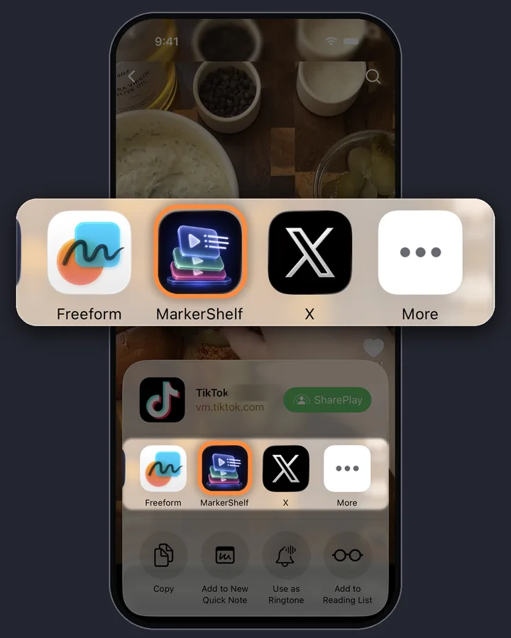 Das iPhone-Teilen-Menü über einem TikTok-Video, MarkerShelf in der App-Reihe