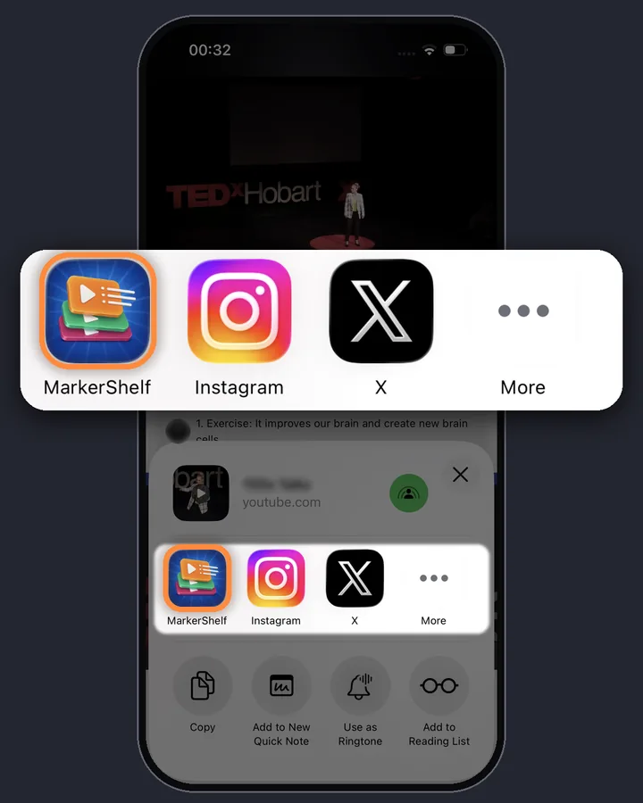 The iPhone share sheet opened from the YouTube app, with MarkerShelf first in the row of apps