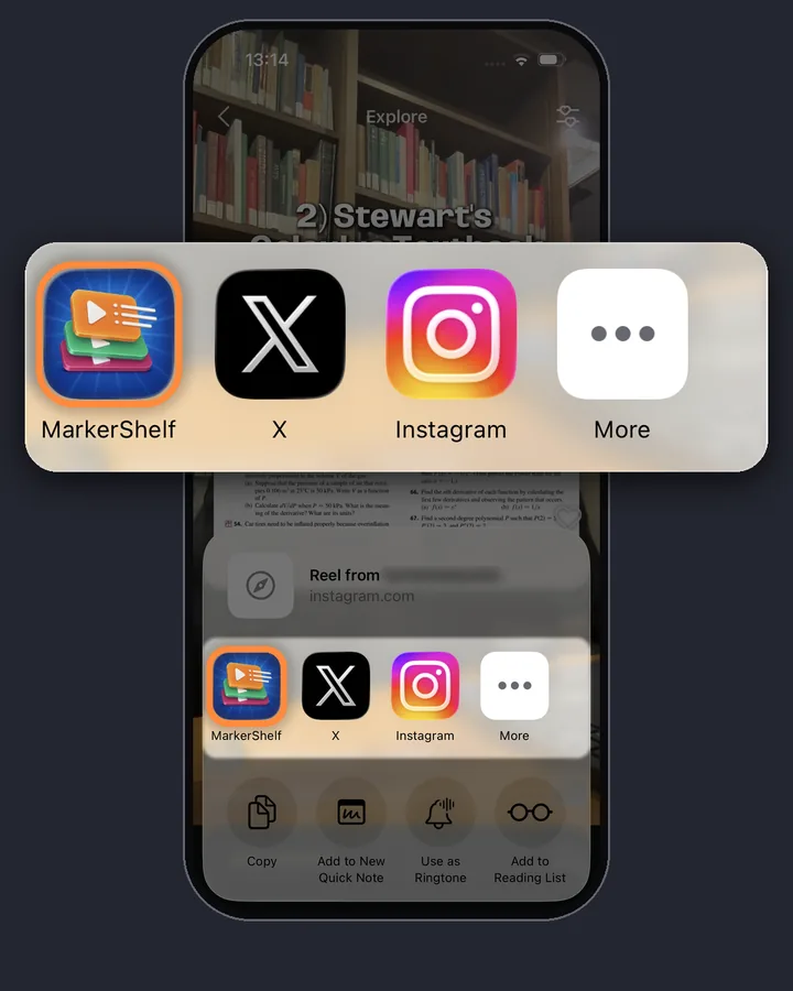 The iPhone share sheet opened from an Instagram Reel, with MarkerShelf first in the app row next to X, Instagram and More