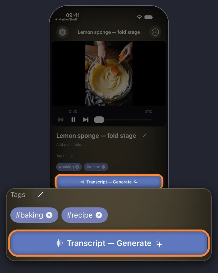 A video page in MarkerShelf with the Transcript — Generate button under the title and tags