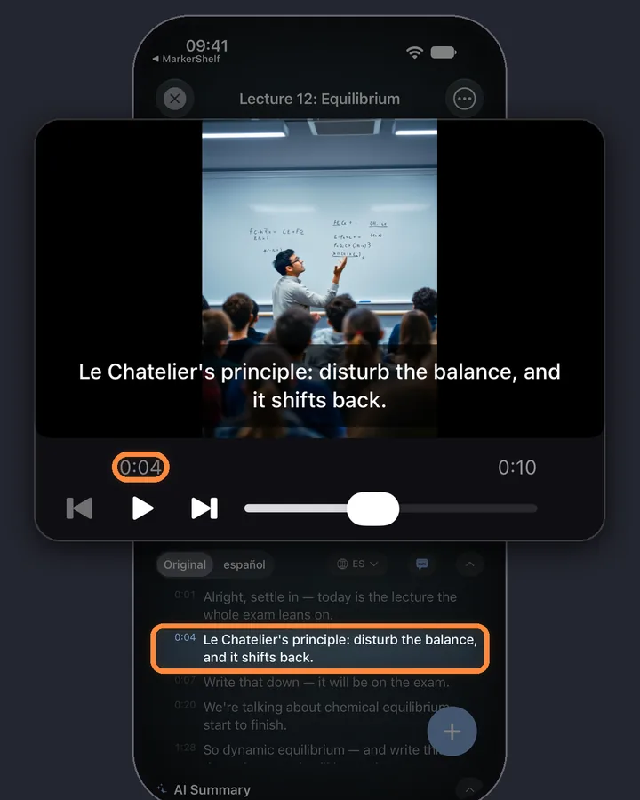 A MarkerShelf transcript with a time on every line, the spoken line highlighted and the player at 0:04