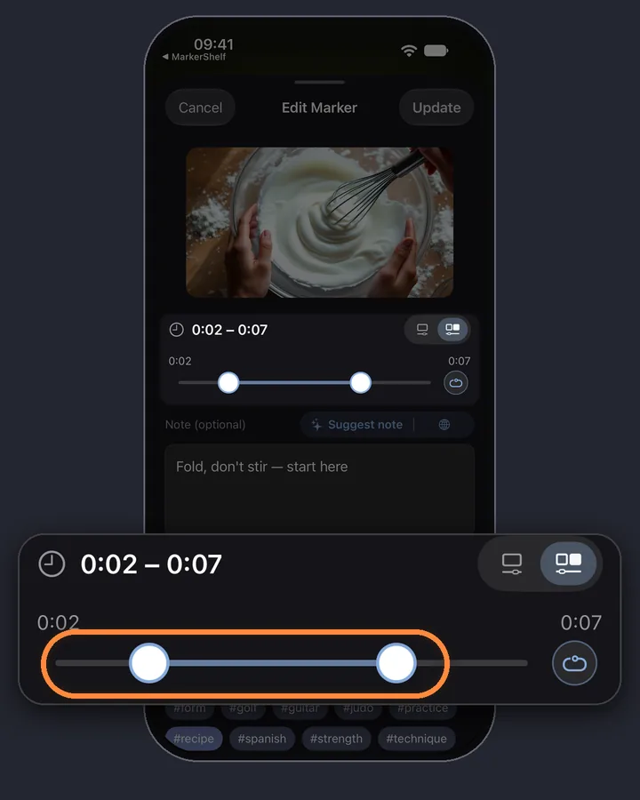 A range marker in MarkerShelf on a baking video: the frame, the part from 0:02 to 0:07 and a note