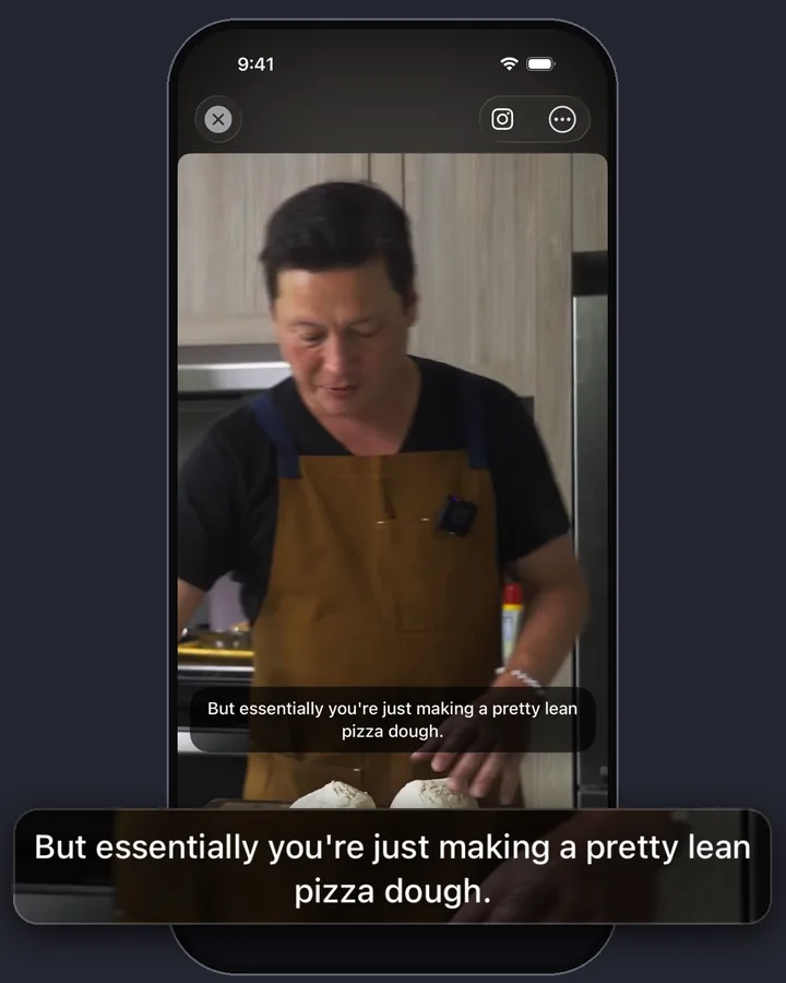 A Kenji López-Alt Instagram Reel in MarkerShelf with the English subtitle line “But essentially you're just making a pretty lean pizza dough.”