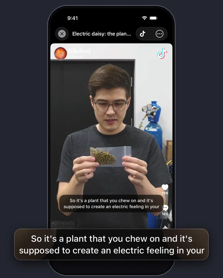 MarkerShelf playing a NileRed TikTok with the subtitle line “So it's a plant that you chew on and it's supposed to create an electric feeling in your” over the video