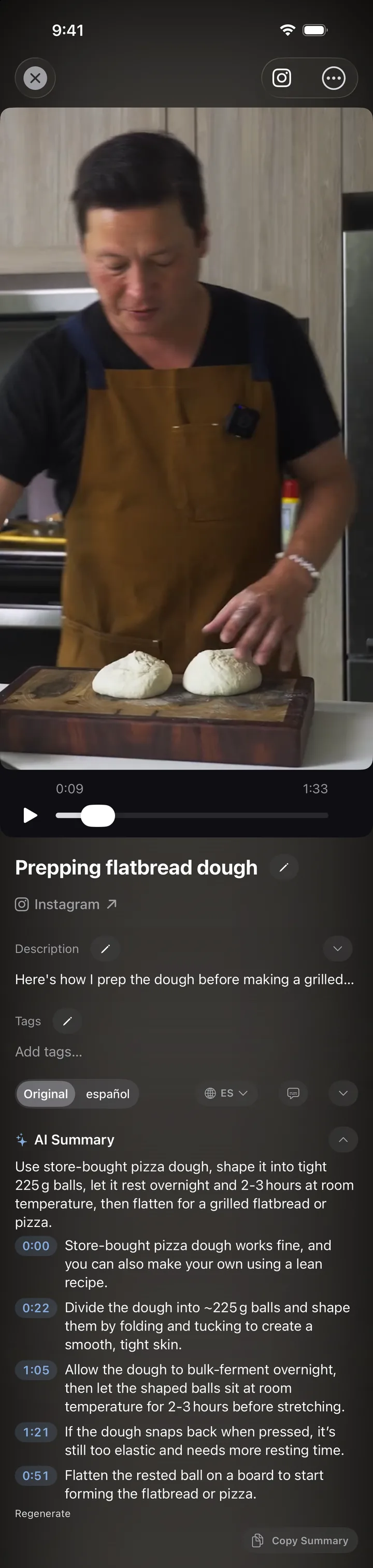 MarkerShelf with a Kenji López-Alt Instagram Reel about flatbread dough at the top and its AI Summary below: a one-sentence takeaway and five points with timestamps