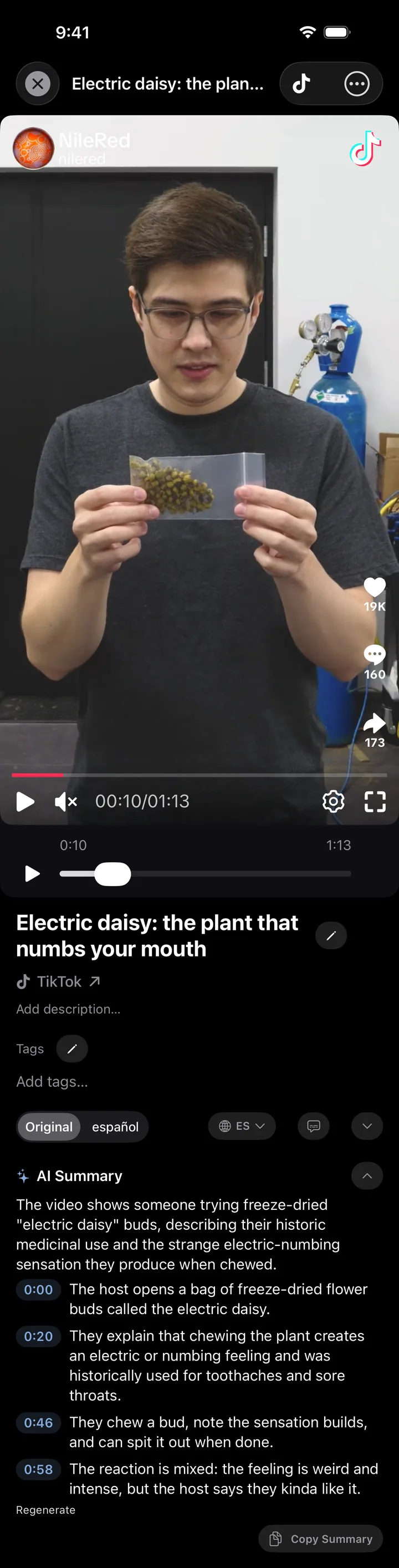 MarkerShelf with a NileRed TikTok about the electric daisy at the top and its AI Summary below: a one-sentence takeaway and four points at 0:00, 0:20, 0:46 and 0:58