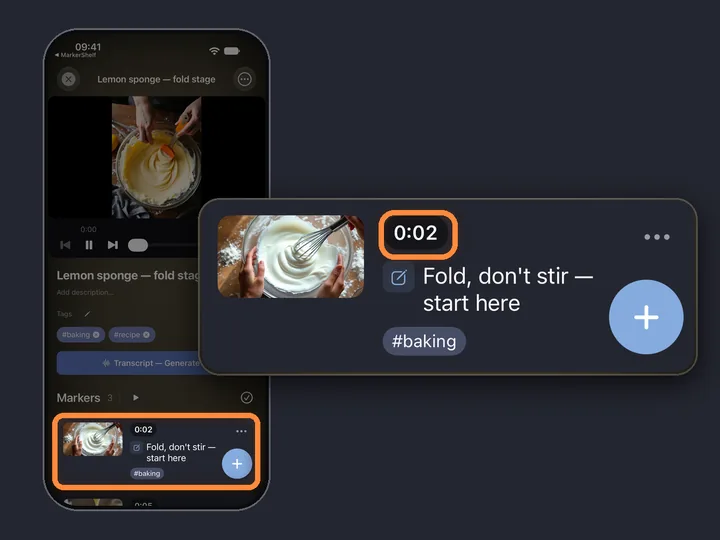 A marker in MarkerShelf at 0:02 with the note “Fold, don't stir — start here”