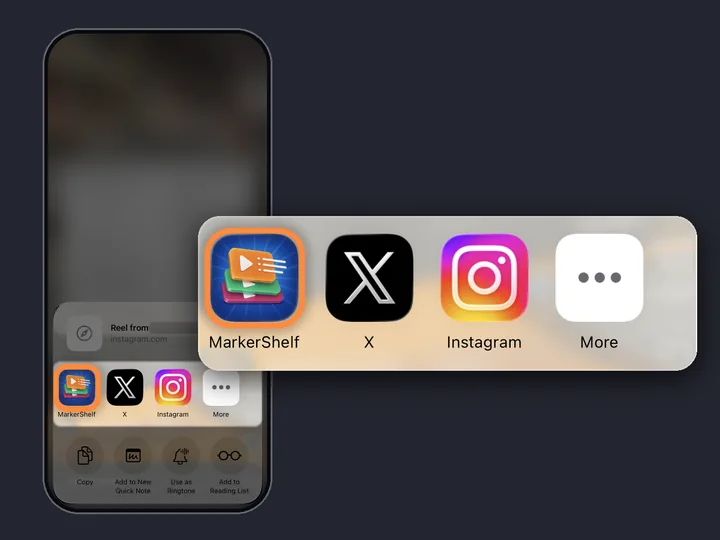 The iPhone share sheet from an Instagram Reel with MarkerShelf first in the app row