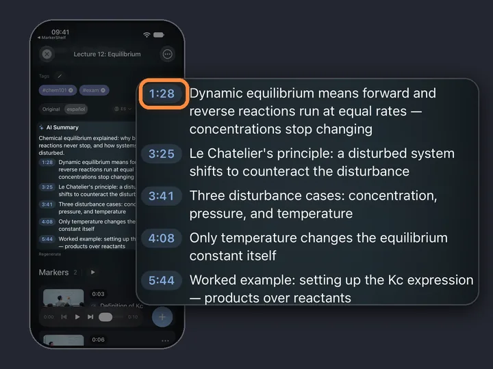 An AI summary of a lecture in MarkerShelf: key points, each with a timestamp