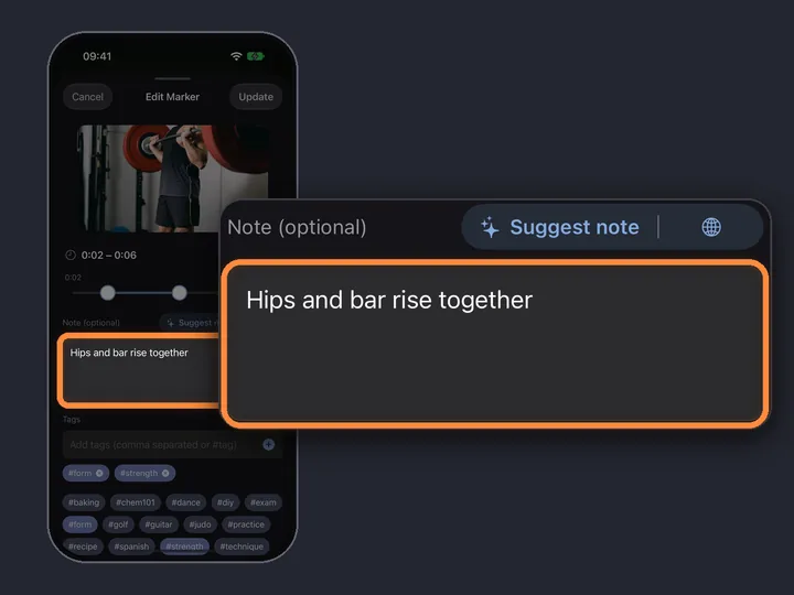 The Edit Marker sheet in MarkerShelf with the note “Hips and bar rise together”