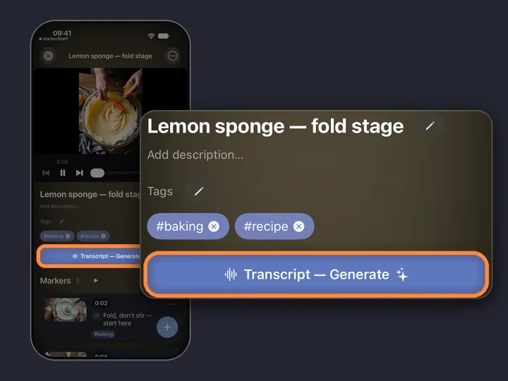 The Transcript — Generate button on a saved video in MarkerShelf