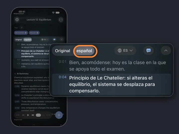 A lecture transcript in MarkerShelf switched from the original to español