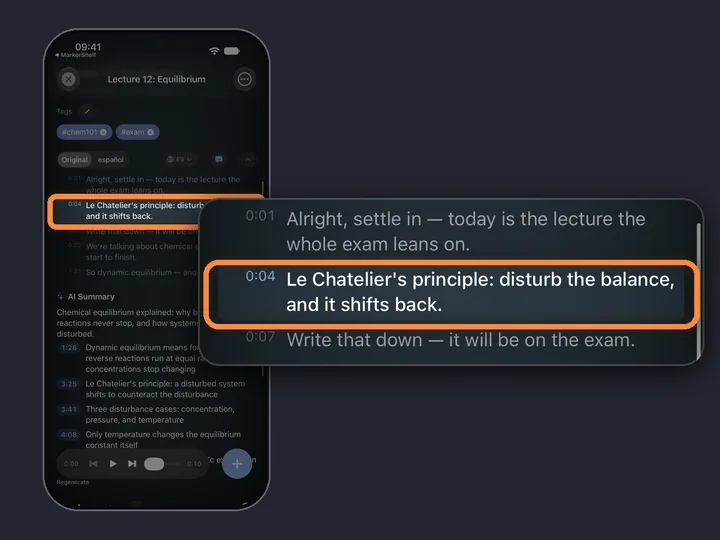 A lecture's transcript in MarkerShelf, the line being spoken highlighted, with its time