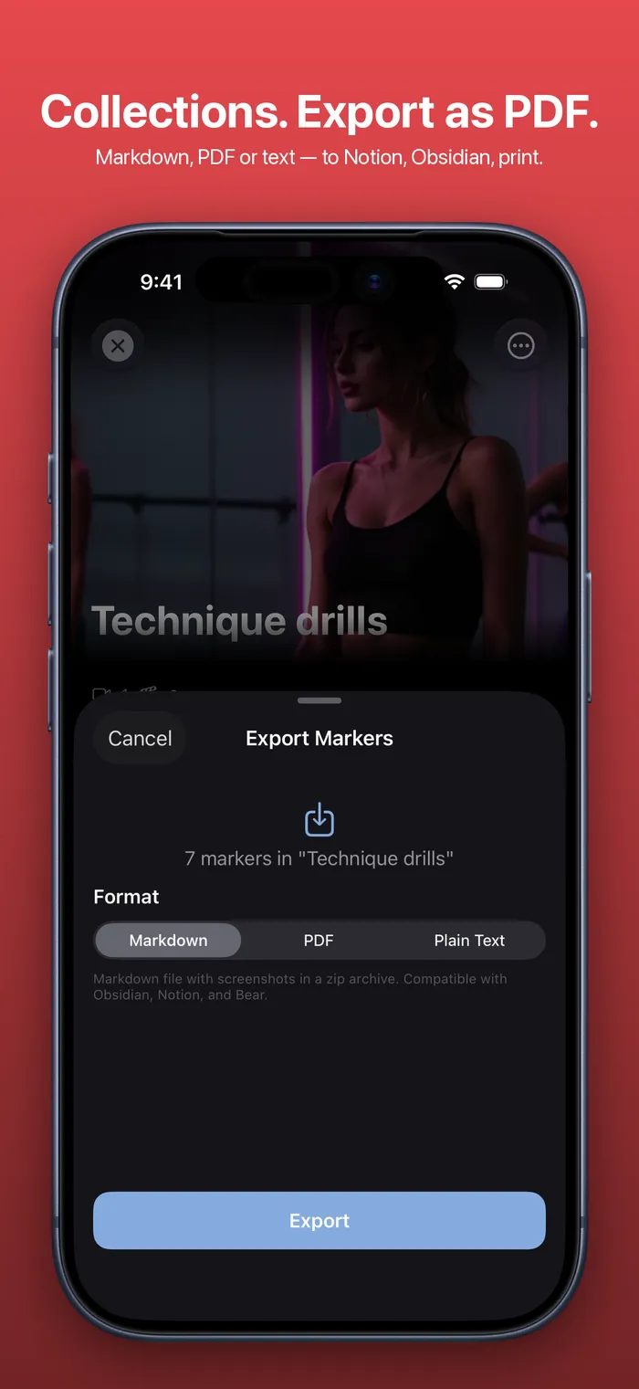 MarkerShelf collections and the Export Markers sheet with Markdown, PDF and plain text