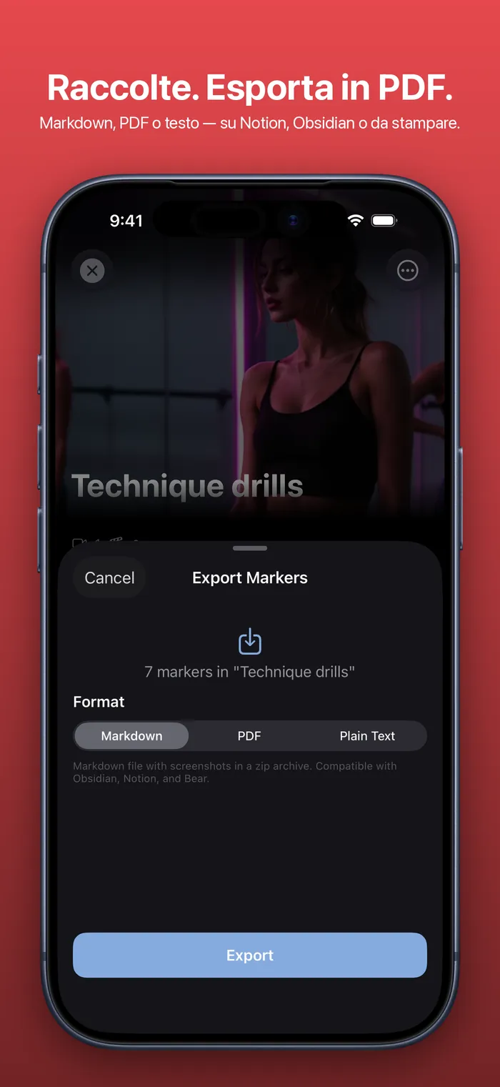 Le raccolte di MarkerShelf e il pannello Esporta marcatori con Markdown, PDF e testo semplice