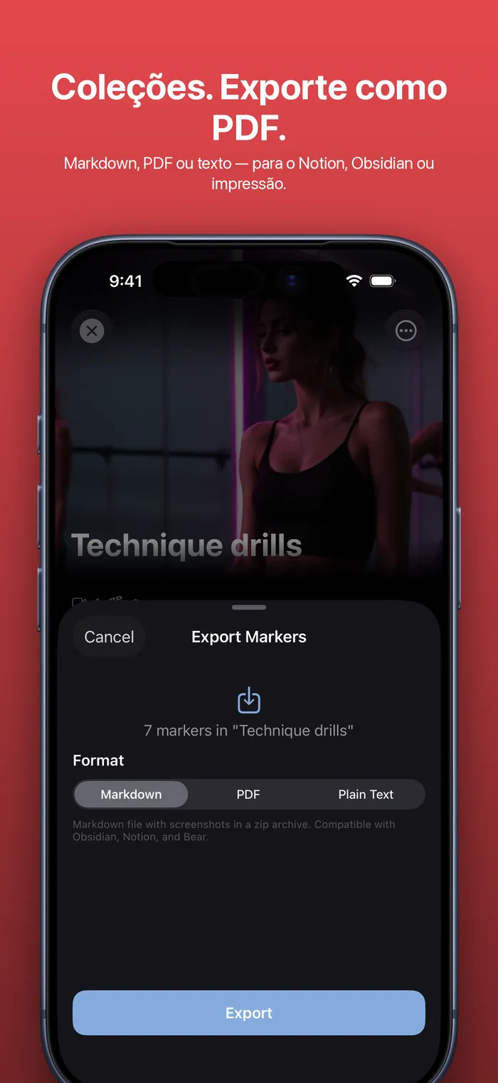 Coleções do MarkerShelf e a folha Exportar marcadores com Markdown, PDF e texto simples