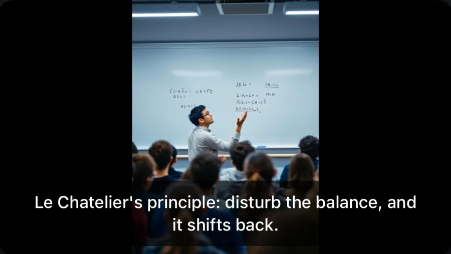 A lecture video in MarkerShelf with a caption line over it: Le Chatelier's principle: disturb the balance, and it shifts back