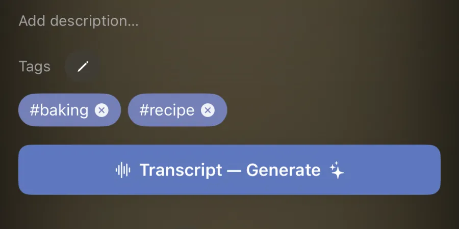 A video in MarkerShelf with tags and a Transcript Generate button