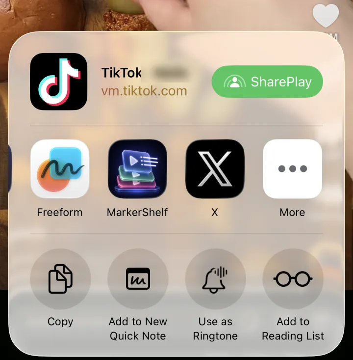 The iPhone share sheet in TikTok with MarkerShelf listed next to Freeform and X
