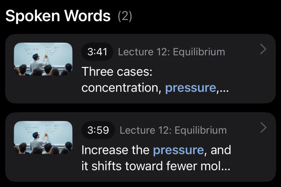 Spoken Words search results for the word pressure at 3:41 and 3:59 in Lecture 12: Equilibrium