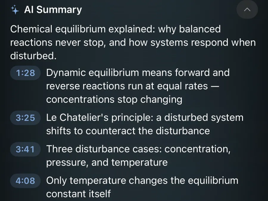 An AI summary of a chemistry lecture with a one-sentence overview and four points with timestamps