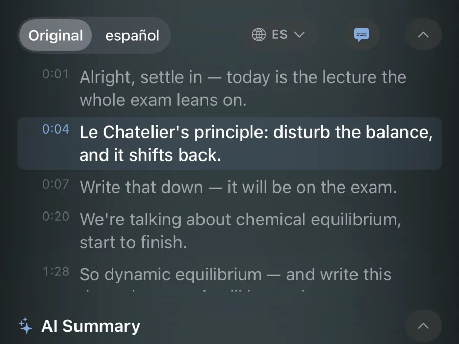 The transcript panel with timestamps, the current line highlighted, and Original and Spanish tabs